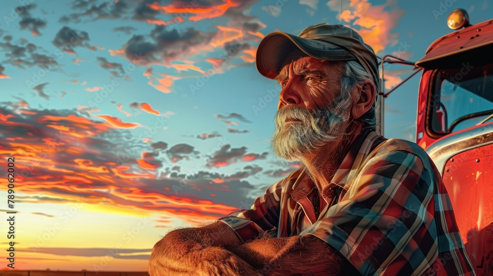 © hisilly - Twilight Rest: Elderly Truck Driver with Beard and Hat Takes a Break by His Rig in Illustration