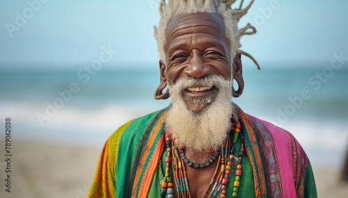 Elderly black man in colorful clothes with white hair and beard, wearing sunglasses, at a tropical beach with a joyful expression.