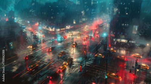 A busy intersection ablaze with headlights and traffic signals, illustrating the constant motion and activity of city streets after dark.