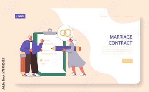 Marriage Contract web or landing. Senior couple with oversized pen and clipboard