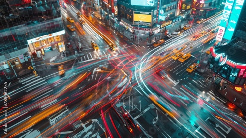 A busy intersection in the heart of a city, with streaks of car lights and vibrant neon signs creating a sense of motion and excitement in the urban landscape. photo