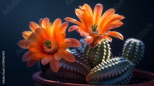 Closeup of Rebutia fabrisii orange flower cactus in a small pot : Generative AI photo