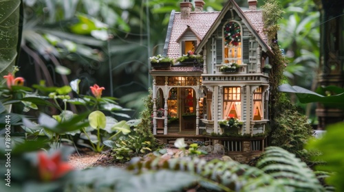 A charming miniature dollhouse nestled in a lush garden  showcasing the whimsical appeal of miniaturized living spaces.