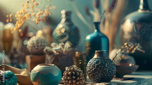 Detail close up shot of various decorative objets on a table : Generative AI photo