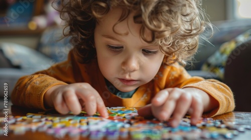 A child engrossed in a puzzle, concentration evident on their face as they work to solve the colorful challenges, fostering problem-solving skills and patience.