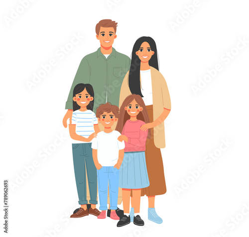 Portrait of big happy family with children, mother, father isolated on white background. Parents and kids hugging Colored flat vector illustration