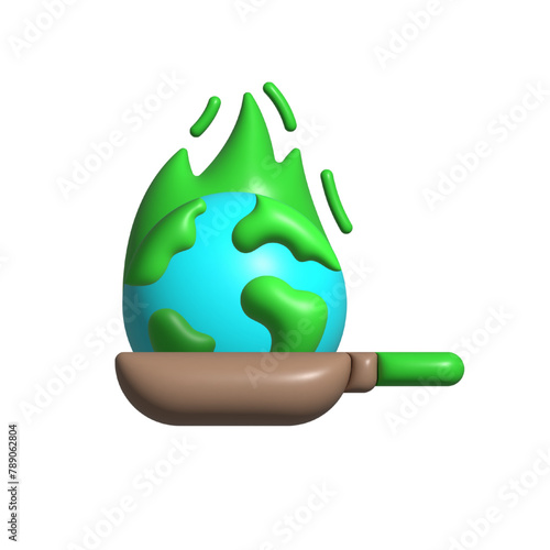 Global warming vector icon. Global, warming, planet, fire, frying pan, hot, 3d, temperature, climate, heat, melting, change, environment, earth on white background vector. Global warming vector 3D ico
