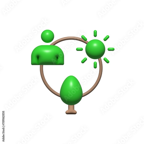 Ecosystem: Sun, people, trees vector 3D icon. Ecosystem, Sun, people, trees, 3d, icon, Nature, Environment, Life, Planet, Earth on white background vector. Ecosystem: Sun, people, trees vector 3D icon