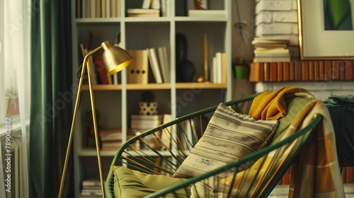 Modern room interior concept grey bookshelf gold lamp and frame close up green metal chair with pillow and blanket style brown and yellow decorative wall : Generative AI