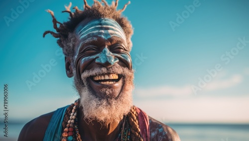 Happy elderly black man with white hair and beard, enjoying a tropical beach.