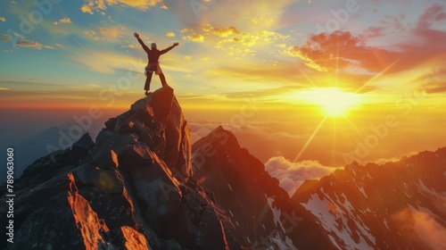 A climber reaching the summit of a towering mountain, raising their arms in victory against the backdrop of a majestic sunrise, symbolizing the triumph of human spirit and perseverance.