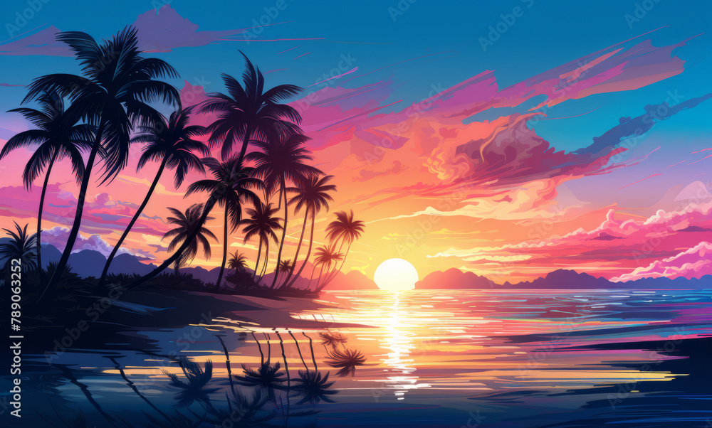 Twilight on the beach. Colorful pink sunset on tropical ocean beach with coconut palm trees silhouettes.