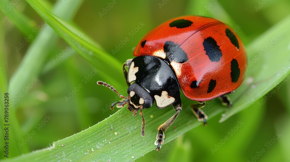 Fototapeta premium A close-up of a ladybug crawling on a blade of grass, its vibrant red and black spotted shell adding a pop of color to the green landscape.