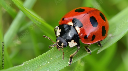 A close-up of a ladybug crawling on a blade of grass, its vibrant red and black spotted shell adding a pop of color to the green landscape.