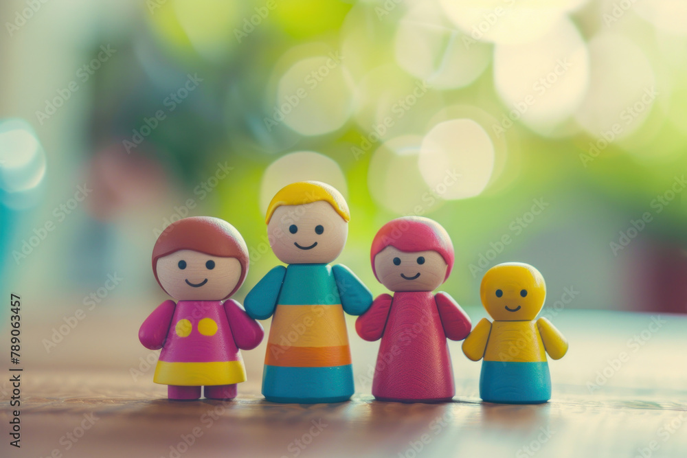 colorful wood toy family figures. cute cartoon father mother son daughter smiling on the table colorful wood toy family figures. cute cartoon father mother son daughter smiling on the table