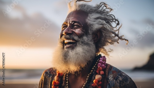 Elderly black man with a joyful expression, white hair, and beard, at a tropical beach