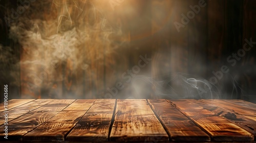 empty wooden table with smoke float up on dark background Dark wood texture background surface with old natural pattern wood table on blur of cafe coffee shop bar background can used f : Generative AI photo
