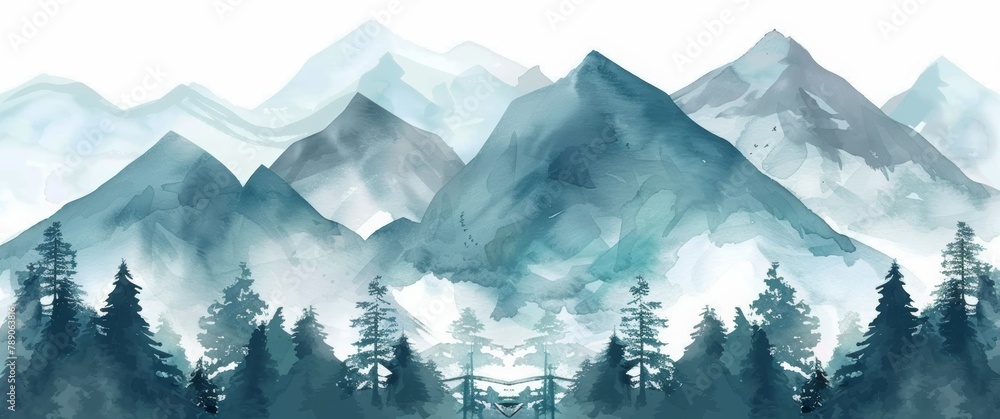 watercolor teal mountains, forest, snow on the peaks, white background, banner with copy space area