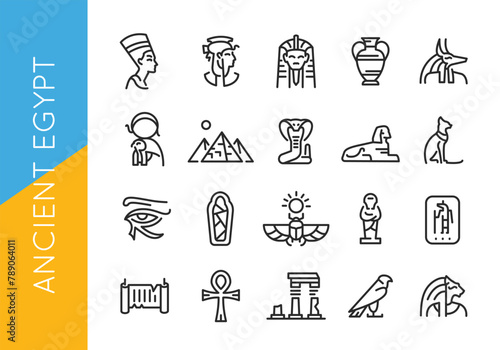 Ancient Egypt icons. Set of 20 trendy icons with key elements of ancient Egyptian culture and mythology such as Sphinx, Pyramids, Pharaoh. Design signs for mobile app. Vector illustration 