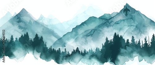 watercolor teal mountains, forest, snow on the peaks, white background, banner with copy space area © Sabina Gahramanova