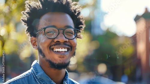 A young unshaven afro american smiling man wearing eyeglasses on the street Outdoor portrait Close up : Generative AI photo