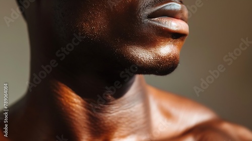 Collarbones Detailed texture of human skin Close up shot of young africanamerican male body Skincare bodycare healthcare hygiene and medicine concept Looks beauty and wellkept Dermatol : Generative AI photo
