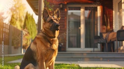 Big guard dog sitting in front of the house close up picture of guard dog sitting in front of house and garden background Watchdog concept Pet dog stay at home and watch : Generative AI