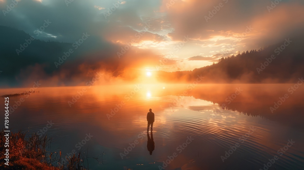Lone wanderer witnessing sunrise over the lake