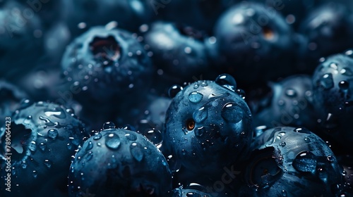 Raw blueberries with waterdrops dark blue food background Blueberries close up : Generative AI photo