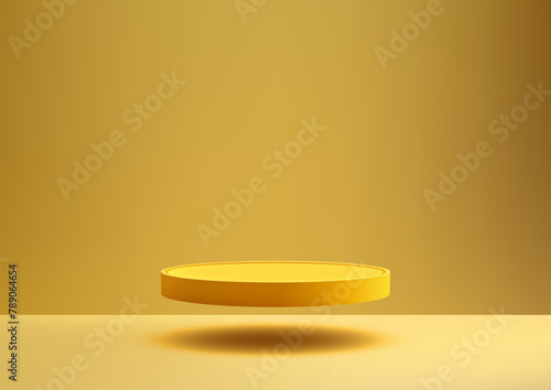 3D bright yellow circle podium floats in the center of a yellow background, Product display, Mockup, Showcase presentation