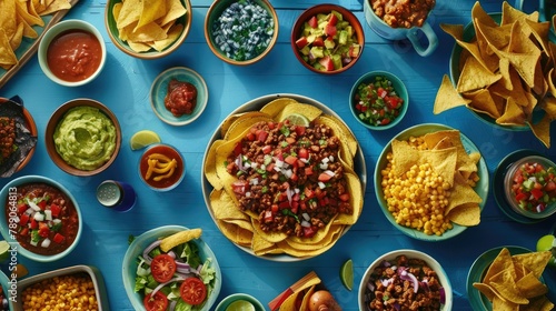 A vibrant Mexican food spread awaits on the table showcasing traditional delights like chili con carne tacos zesty tomato salsa and corn chips served with creamy guacamole The scene capture