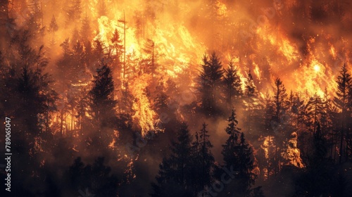 A dramatic image of a raging wildfire spreading through a forest, highlighting the destructive power of nature's wildfires.
