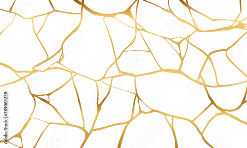 Gold kintsugi crack repair marble texture vector illustration isolated on white background. Broken foil marble pattern with golden dry cracks. Wedding card, cover or pattern Japanese motif background.