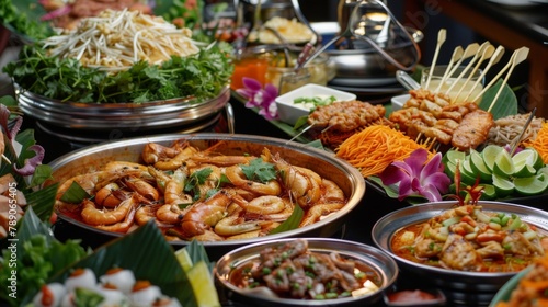 A festive Thai food buffet featuring a colorful array of dishes, from spicy curries and grilled meats to refreshing salads and tangy dipping sauces, celebrating the diversity of Thai cuisine.