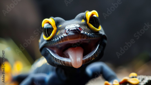 A small black and yellow gecko with a tongue sticking out. The frog is smiling and he is happy. black, blue and gold gecko sticking his tongue and smiling