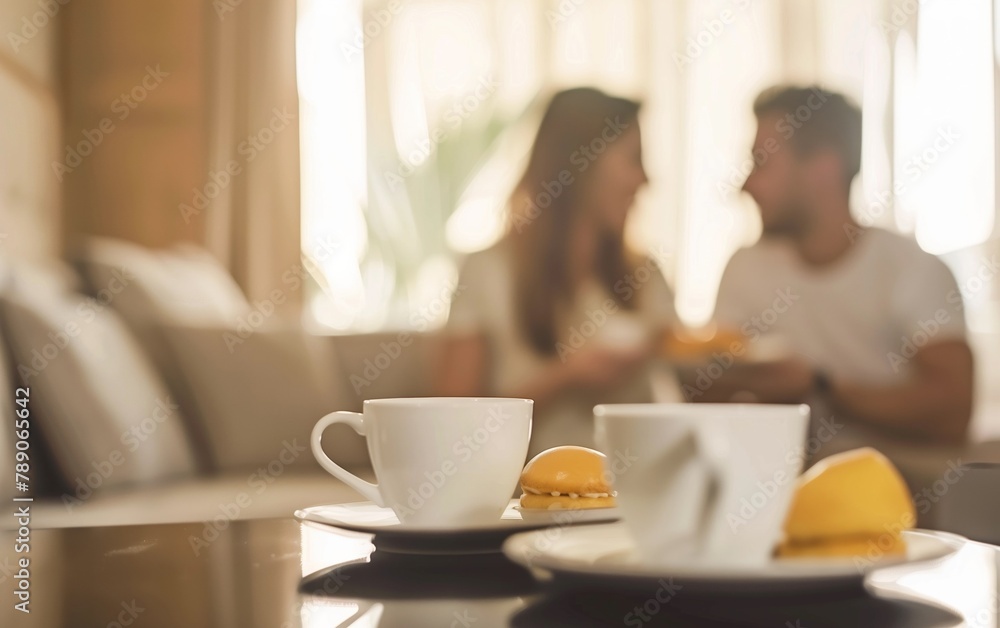 Couple Relaxing with Hotel Room Service - Travel Experience, Intimate Vacation, Luxury Hotel Stay. Couple Relaxing with Hotel Room Service - Travel Experience, Intimate Vacation, Luxury Hotel Stay.