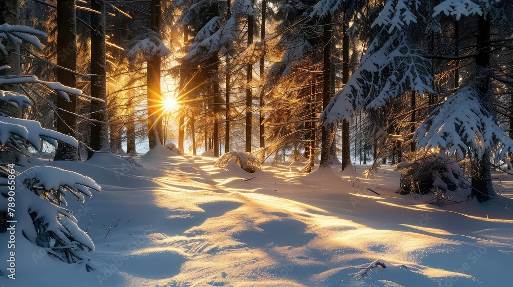 Magical spruces after snowfall are illuminated by the sun.