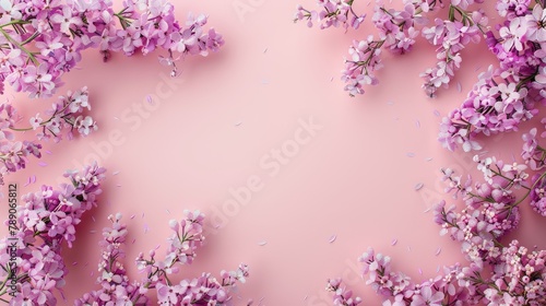 A pink backdrop showcasing vibrant lilac branches and flowers perfect for creating cards for spring Easter Mother s Day Women s Day or Valentine s Day The top view offers ample space for cu