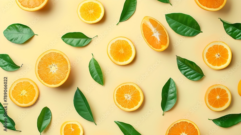 Creative summer pattern made of oranges and green leaves on pastel yellow background Fruit minimal concept Flat lay : Generative AI Creative summer pattern made of oranges and green leaves on pastel yellow background Fruit minimal concept Flat lay : Generative AI