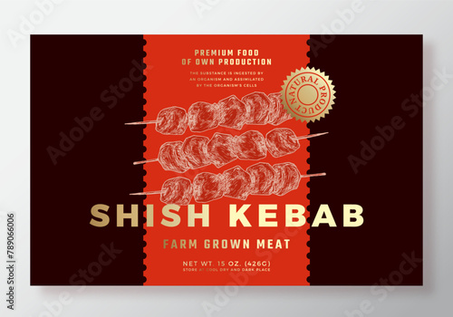 Farm Grown Shish Kebab Food Vector Packaging Label Design Template. Modern Typography Banner, Hand Drawn Ham Meat Sketch Silhouette. Color Paper Background Layout with Gold Foil Isolated