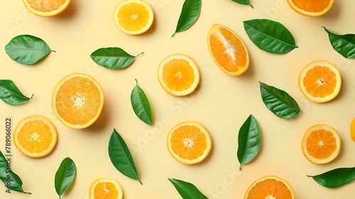 Creative summer pattern made of oranges and green leaves on pastel yellow background Fruit minimal concept Flat lay   Generative AI