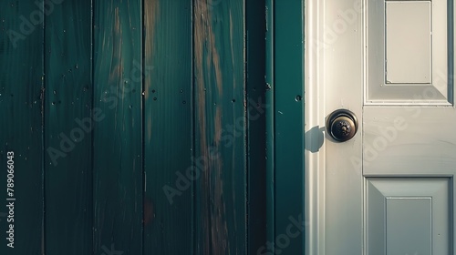 Close up the white vintage clean front door with iron knob near wood plank wall dark green color with copy space : Generative AI © Generative AI