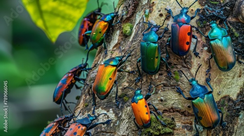 A group of colorful beetles crawling on a tree trunk  showcasing the diversity and beauty of insects in their natural habitat.