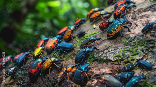A group of colorful beetles crawling on a tree trunk, showcasing the diversity and beauty of insects in their natural habitat.