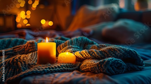 Cozy evening with candles and knitted blanket in home interior