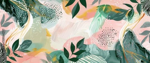 Abstract shapes with golden leaves and pastel colors on a green background. A modern watercolor illustration in the style of boho style. Modern art background for wall decoration, greeting card design