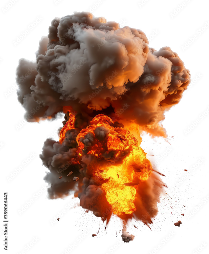 Extremely hot fiery explosion with sparks and smoke, against white background Extremely hot fiery explosion with sparks and smoke, against white background