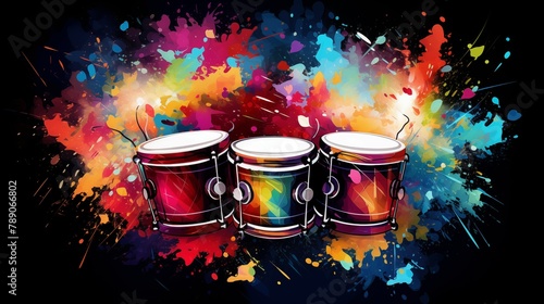 Abstract and colorful illustration of bongos on a black background photo