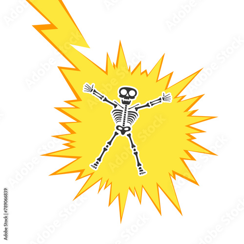 Skeleton electric shock by high voltage or lighting electrocuted caution silhouette flat style design vector illustration. A funny human skeleton had an electric shock or lightning strike.