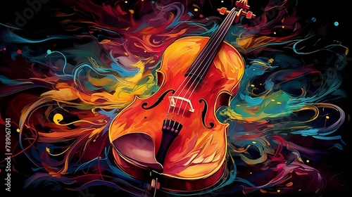 Abstract and colorful illustration of a cello on a black background